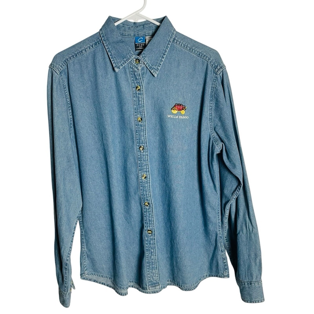 Wells Fargo Womens Denim Shirt Size L Blue Long Sleeve Button Up Port Authority